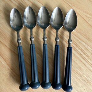 5 Oxford Hall Teaspoons Blue Handles 7-1/4" Vintage Retro Flatware Durable